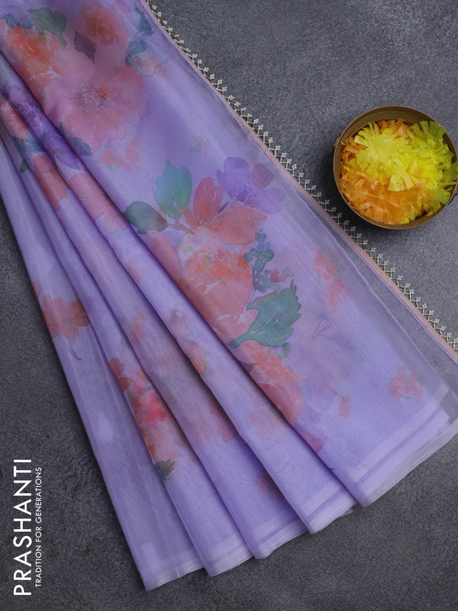 Semi organza saree lavender shade with floral butta prints in borderless style