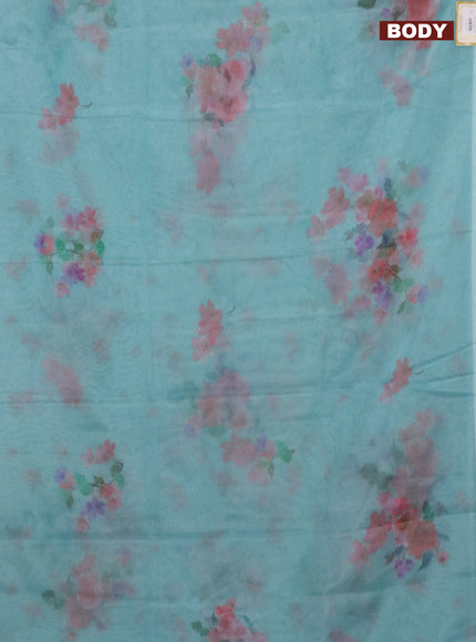 Semi organza saree teal blue with floral butta prints in borderless style