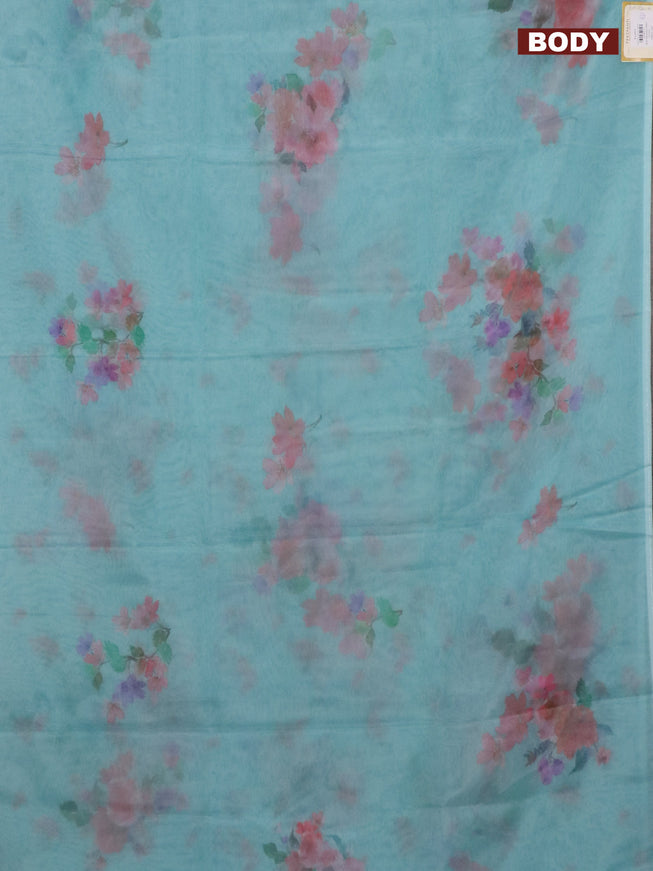 Semi organza saree teal blue with floral butta prints in borderless style