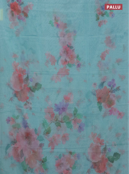 Semi organza saree teal blue with floral butta prints in borderless style