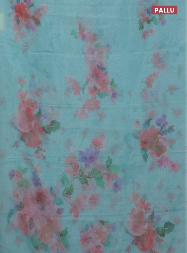 Semi organza saree teal blue with floral butta prints in borderless style