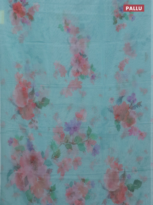 Semi organza saree teal blue with floral butta prints in borderless style
