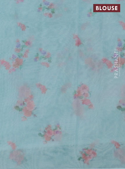 Semi organza saree teal blue with floral butta prints in borderless style