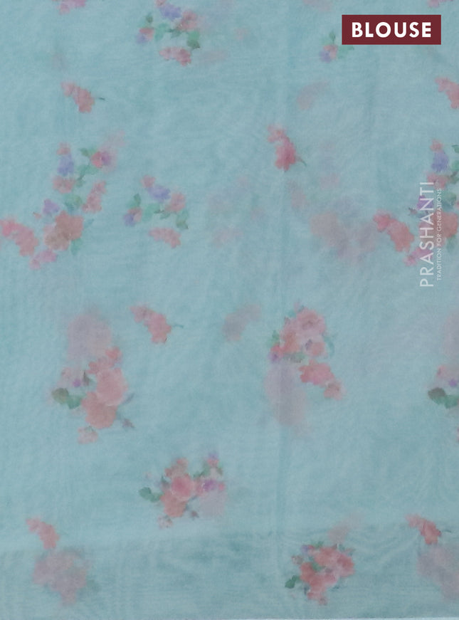Semi organza saree teal blue with floral butta prints in borderless style
