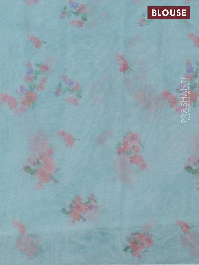 Semi organza saree teal blue with floral butta prints in borderless style