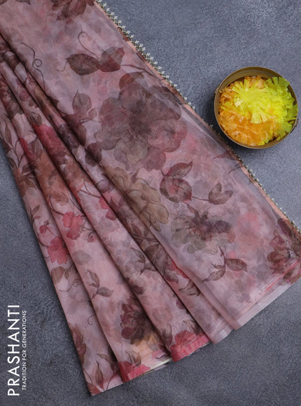 Semi organza saree pastel peach with allover floral prints in borderless style