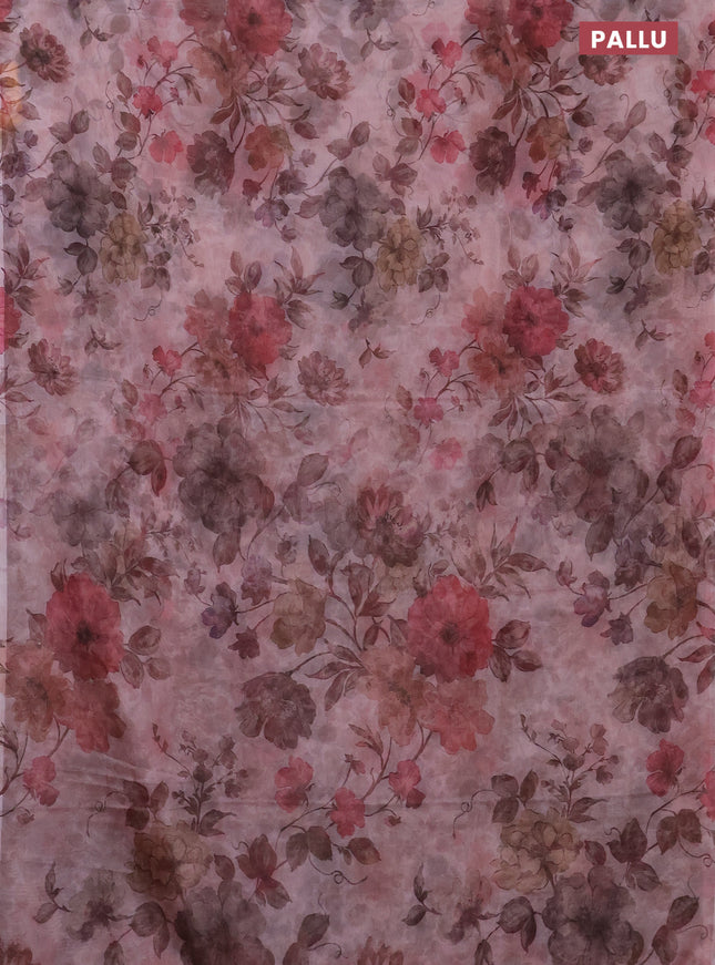 Semi organza saree pastel peach with allover floral prints in borderless style