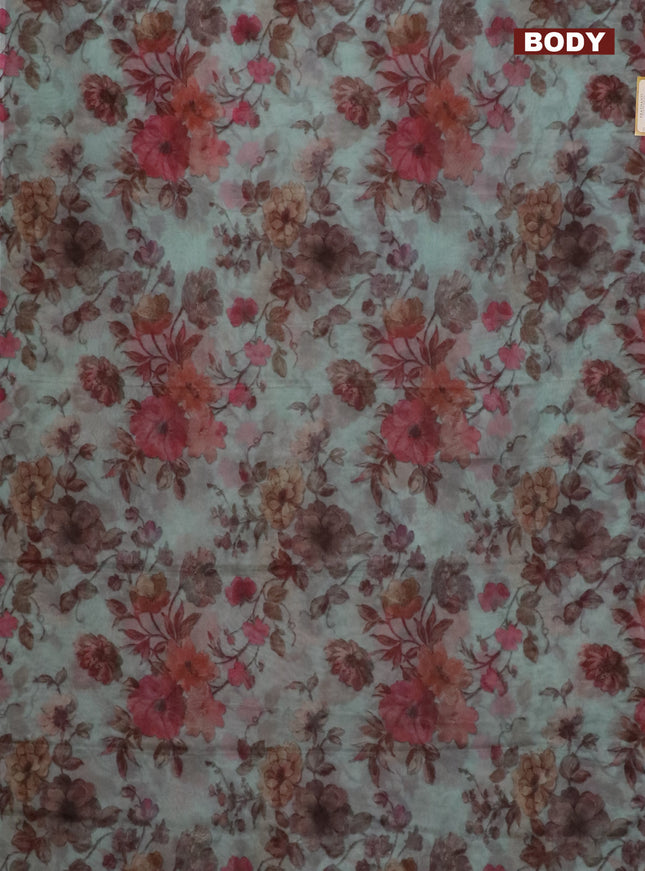 Semi organza saree pastel green with allover floral prints in borderless style