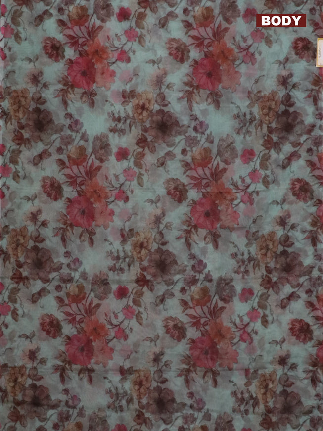 Semi organza saree pastel green with allover floral prints in borderless style