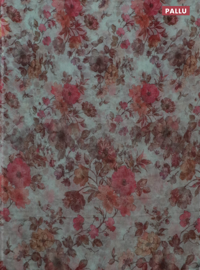 Semi organza saree pastel green with allover floral prints in borderless style