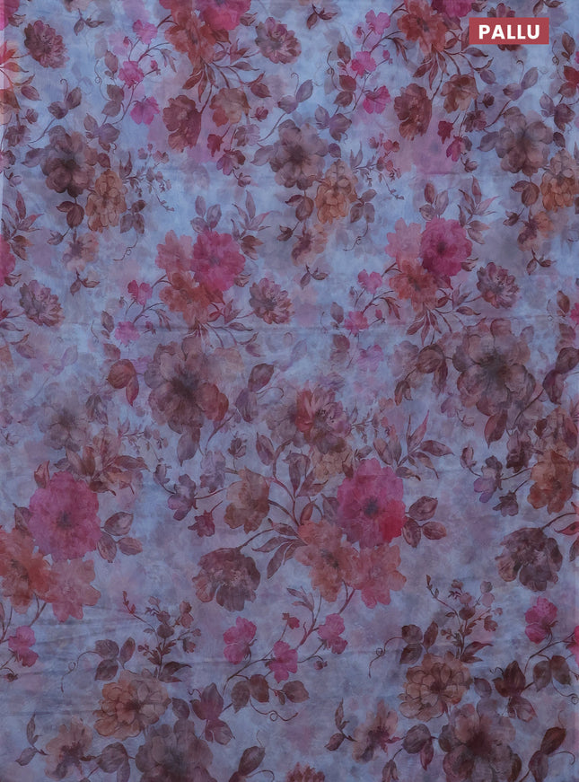 Semi organza saree pastel blue with allover floral prints in borderless style
