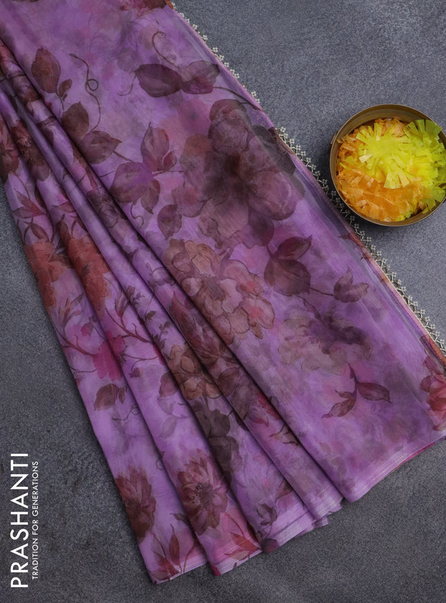 Semi organza saree lavender shade with allover floral prints in borderless style