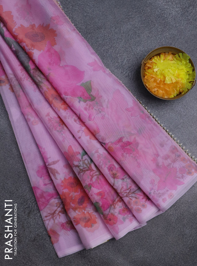 Semi organza saree baby pink with floral butta prints in borderless style