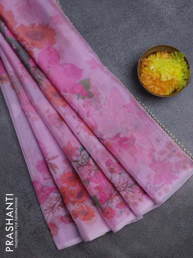 Semi organza saree baby pink with floral butta prints in borderless style