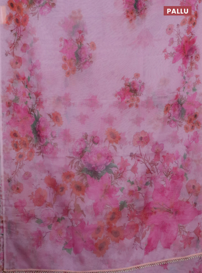 Semi organza saree baby pink with floral butta prints in borderless style