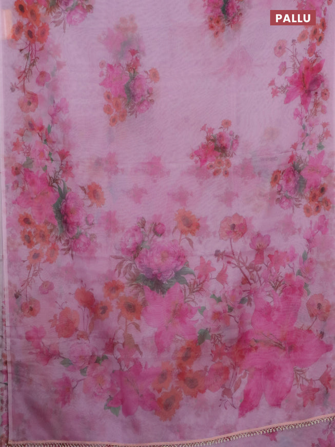 Semi organza saree baby pink with floral butta prints in borderless style