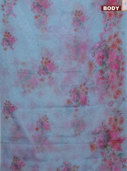 Semi organza saree light blue with floral butta prints in borderless style