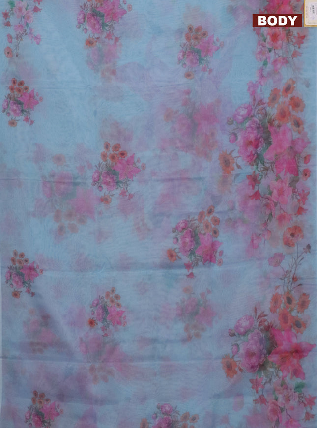Semi organza saree light blue with floral butta prints in borderless style