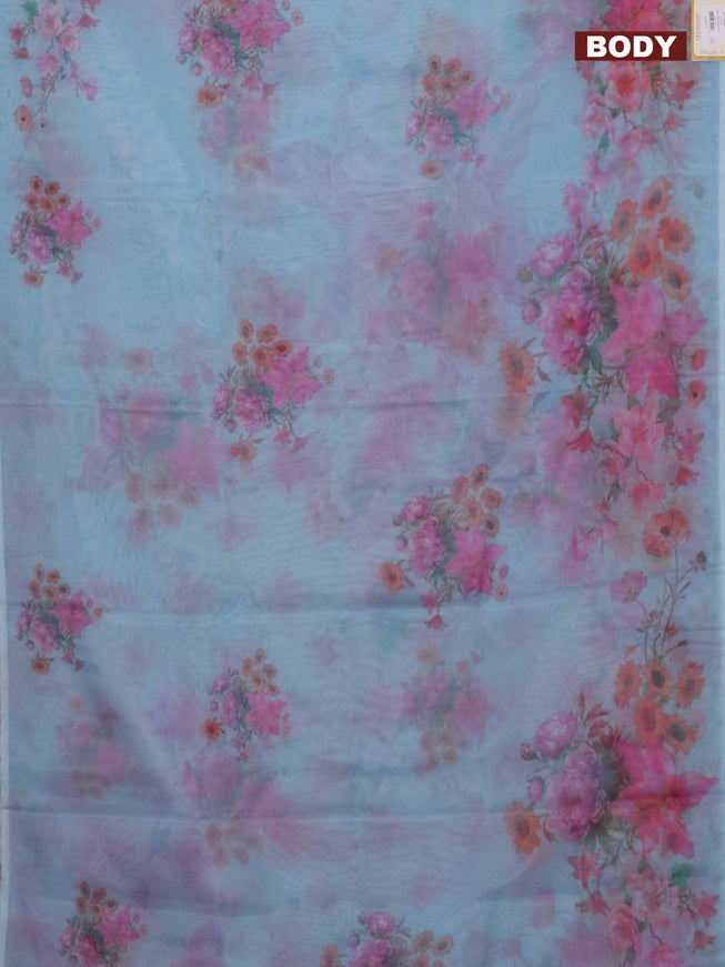 Semi organza saree light blue with floral butta prints in borderless style