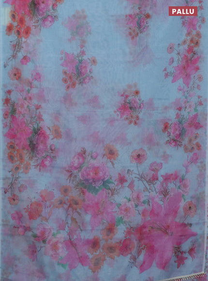 Semi organza saree light blue with floral butta prints in borderless style