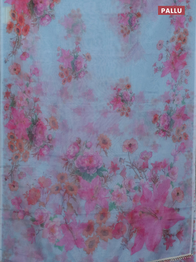 Semi organza saree light blue with floral butta prints in borderless style