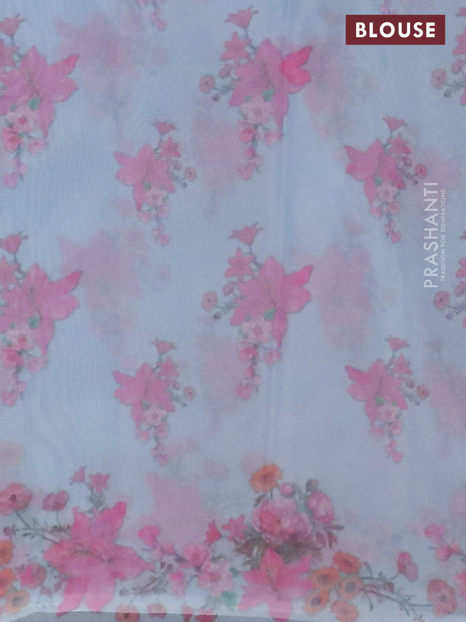Semi organza saree light blue with floral butta prints in borderless style