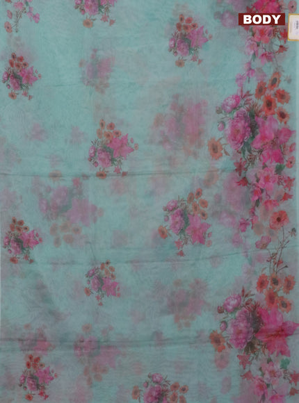 Semi organza saree teal blue with floral butta prints in borderless style