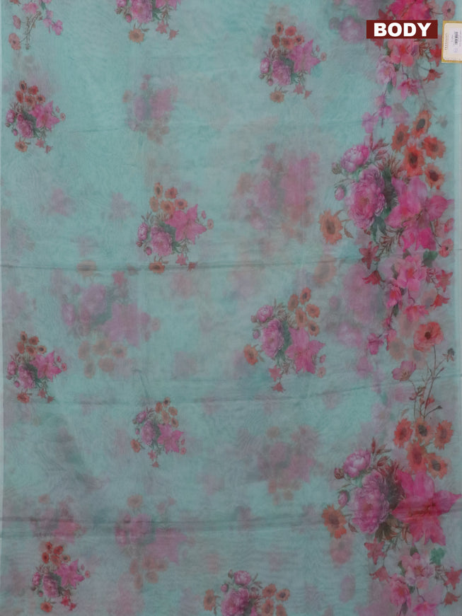 Semi organza saree teal blue with floral butta prints in borderless style
