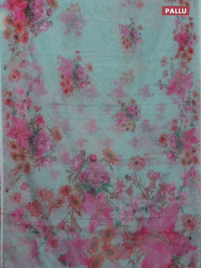 Semi organza saree teal blue with floral butta prints in borderless style