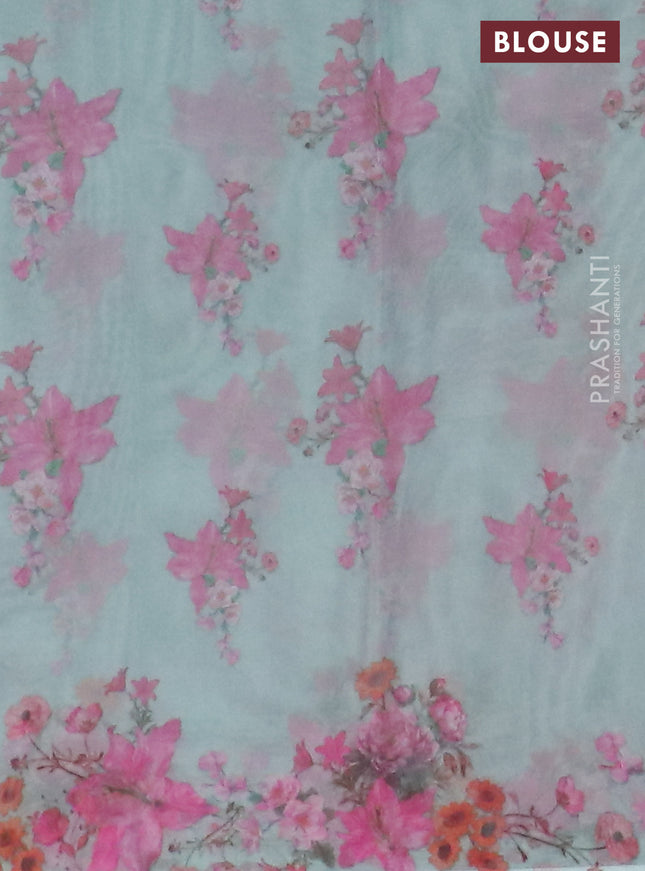 Semi organza saree teal blue with floral butta prints in borderless style