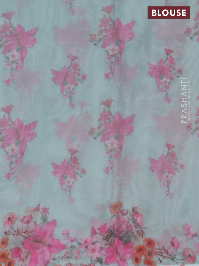 Semi organza saree teal blue with floral butta prints in borderless style