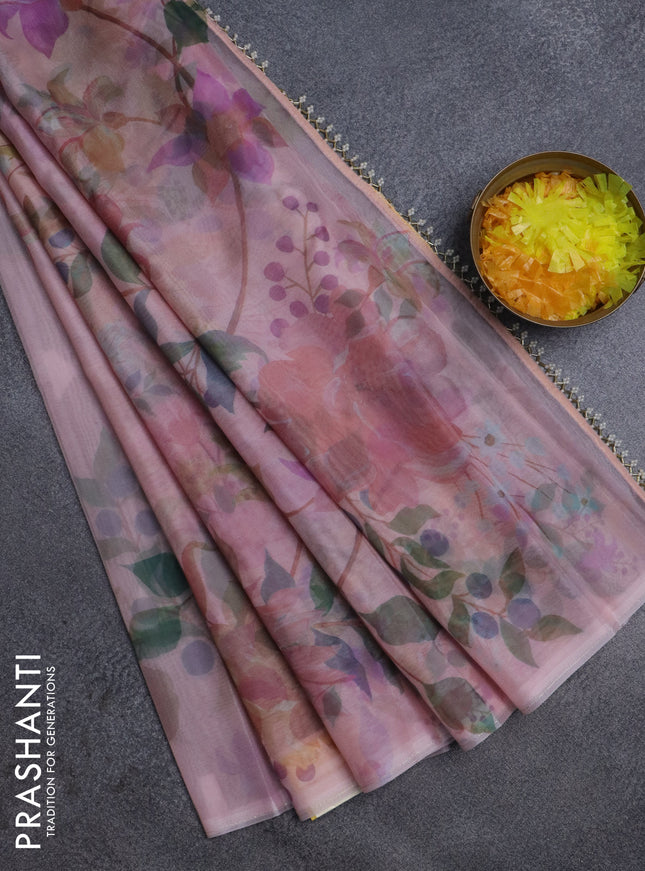 Semi organza saree pastel peach with floral prints in borderless style