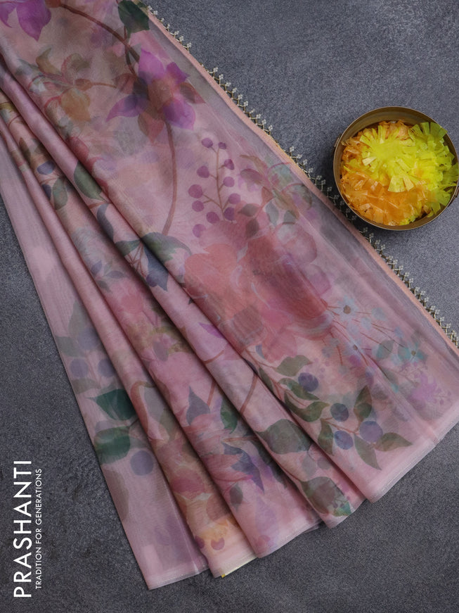 Semi organza saree pastel peach with floral prints in borderless style