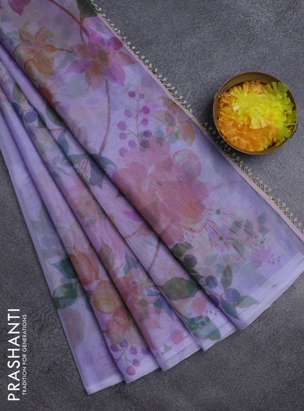 Semi organza saree lavender shade with floral prints in borderless style