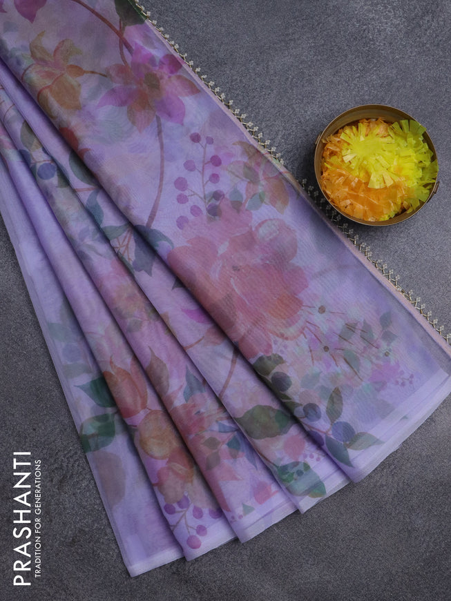 Semi organza saree lavender shade with floral prints in borderless style