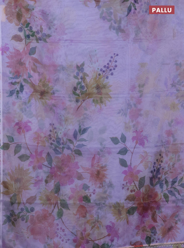 Semi organza saree lavender shade with floral prints in borderless style