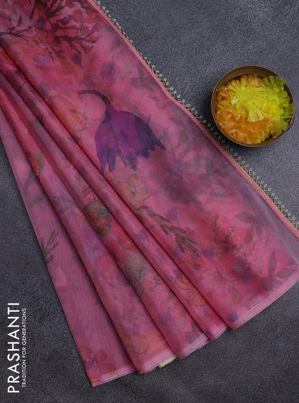 Semi organza saree peach pink with floral prints in borderless style