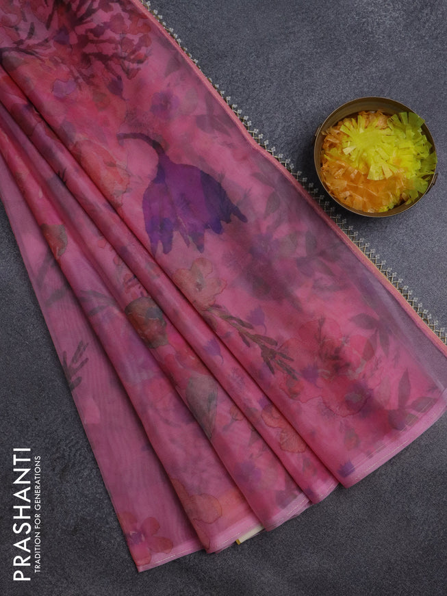Semi organza saree peach pink with floral prints in borderless style