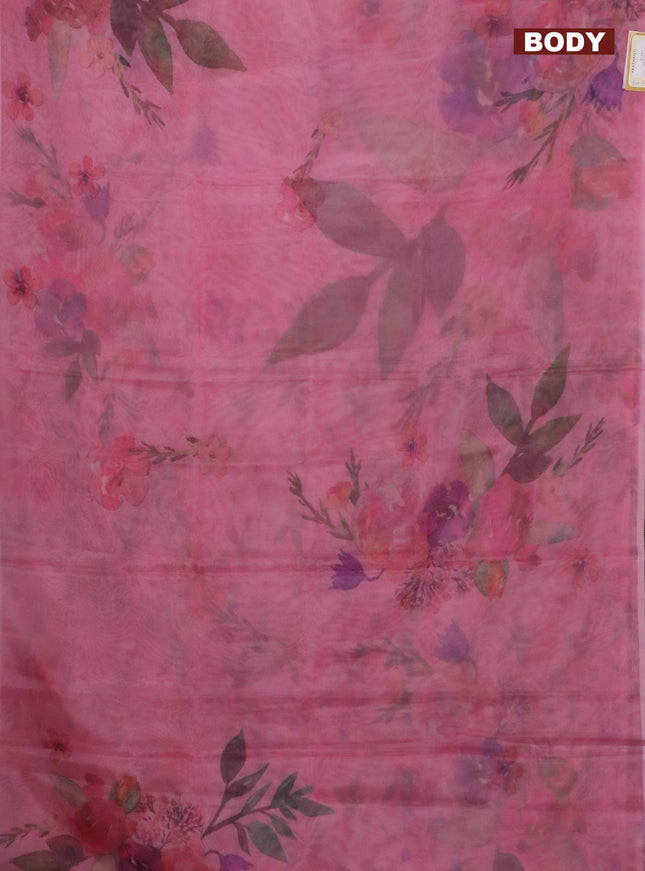 Semi organza saree peach pink with floral prints in borderless style