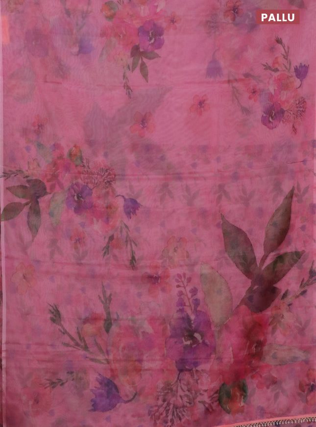 Semi organza saree peach pink with floral prints in borderless style