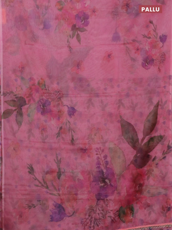 Semi organza saree peach pink with floral prints in borderless style