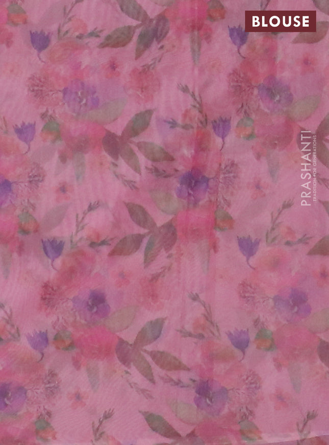 Semi organza saree peach pink with floral prints in borderless style