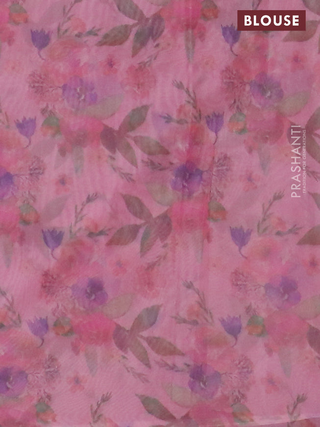 Semi organza saree peach pink with floral prints in borderless style