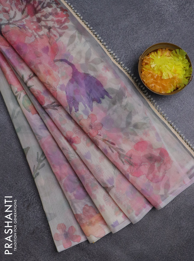 Semi organza saree cream with floral prints in borderless style
