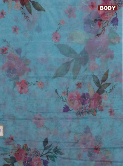 Semi organza saree teal blue with floral prints in borderless style