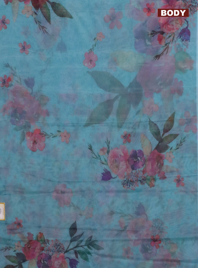 Semi organza saree teal blue with floral prints in borderless style