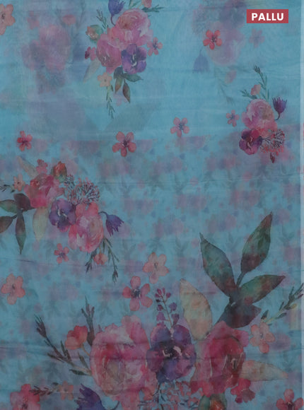 Semi organza saree teal blue with floral prints in borderless style