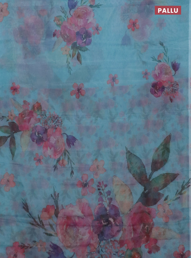 Semi organza saree teal blue with floral prints in borderless style
