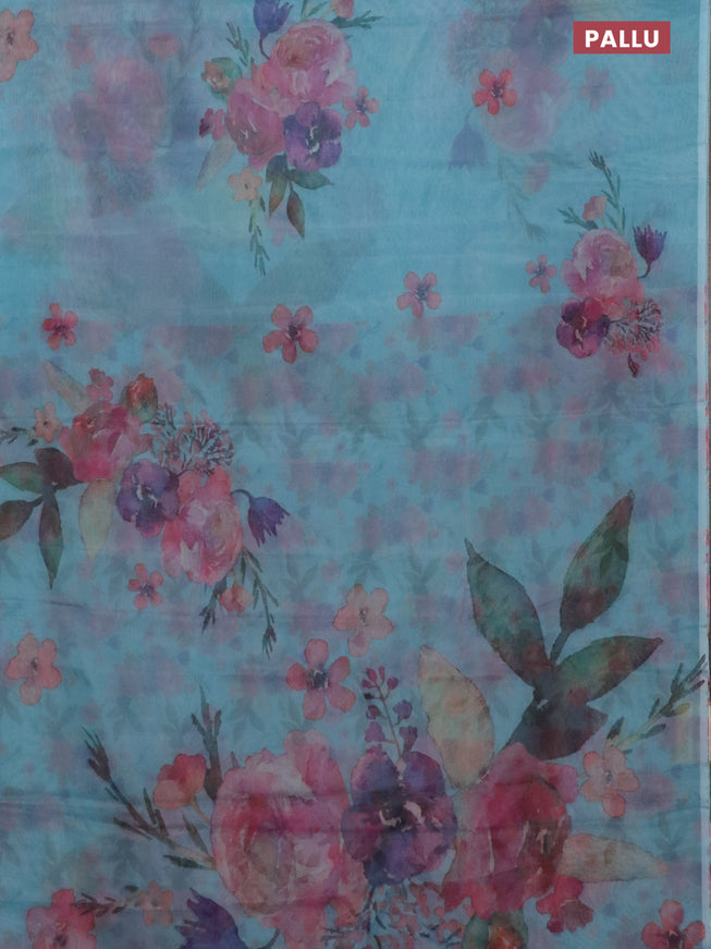 Semi organza saree teal blue with floral prints in borderless style