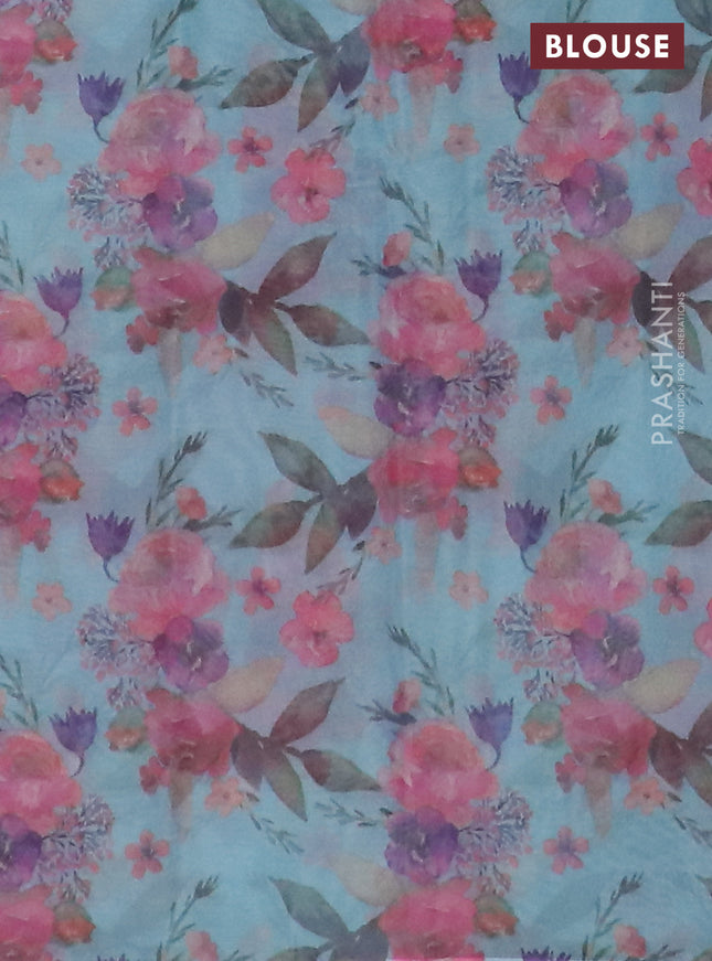 Semi organza saree teal blue with floral prints in borderless style